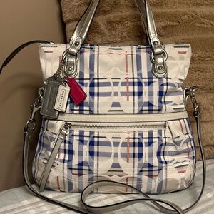 Coach Women's Plaid Shoulder Bag - Cream, Blue, and pink with silver leather